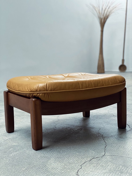 Image 1 of Carl Straub Midcentury Loungestoel & Ottoman Leer Geel Duitsland 1970