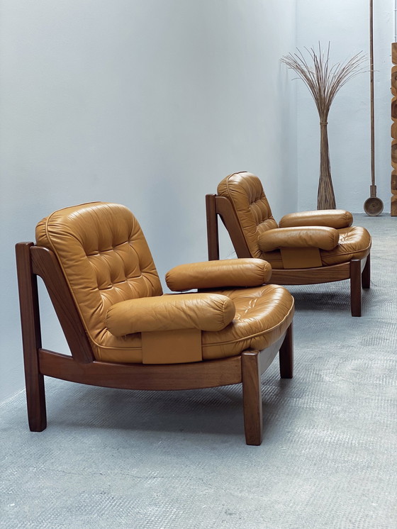 Image 1 of Carl Straub Midcentury Loungestoel & Ottoman Leer Geel Duitsland 1970