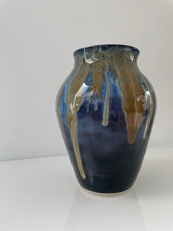 Image 1 of Unieke Blauw Geglazuurde Vaas Met Dripping-Effect