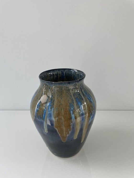 Image 1 of Unieke Blauw Geglazuurde Vaas Met Dripping-Effect