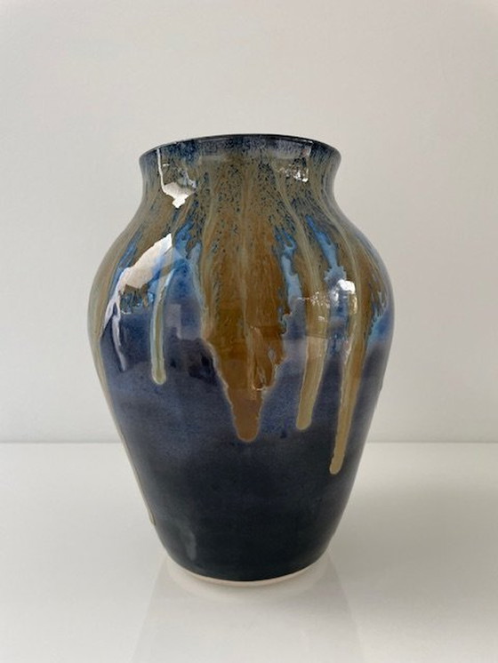 Image 1 of Unieke Blauw Geglazuurde Vaas Met Dripping-Effect