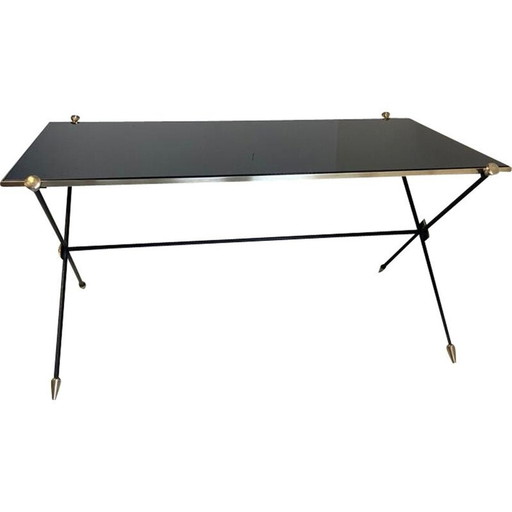 Vintage salontafel met zwart opaline en ijzeren onderstel van Maison Jansen