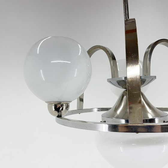 Image 1 of Vintage Art Deco kroonluchter van chroom en melkglas, jaren 1930