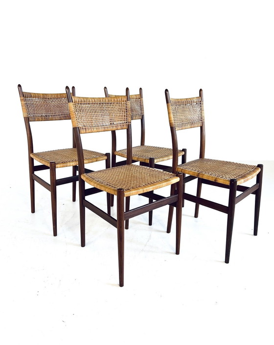 Image 1 of 4X Teak & Rotan Eetkamerstoel ‘60