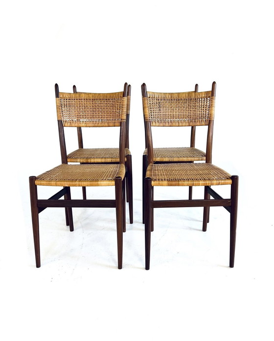 Image 1 of 4X Teak & Rotan Eetkamerstoel ‘60