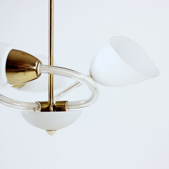 Image 1 of Vintage wit glazen en messing hanglamp, Tsjecho-Slowakije 1960