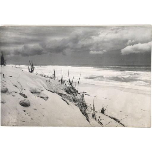 Vintage zwart-wit schilderij met duinen en oceaan, Frankrijk 1960