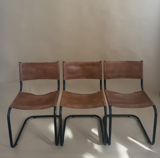 Image 1 of 6x Retro buisframe stoelen met leer