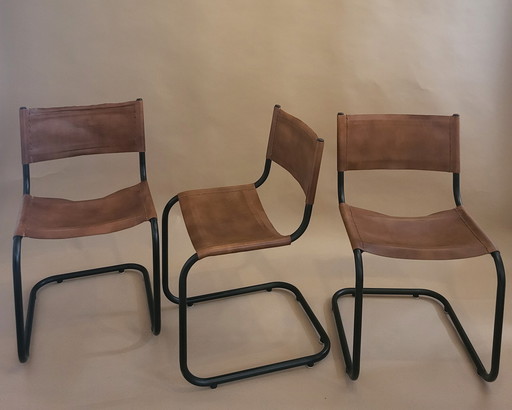 6x Retro buisframe stoelen met leer