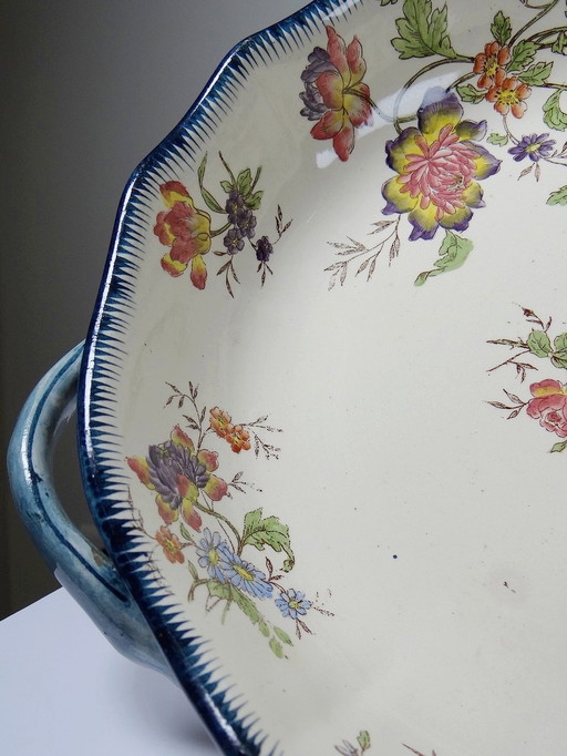 Coupe Longchamp Terre De Fer Ancien Faïence Polychrome Fleurs