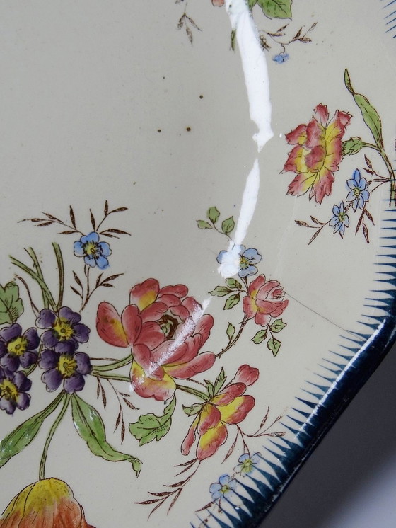 Image 1 of Coupe Longchamp Terre De Fer Ancien Faïence Polychrome Fleurs