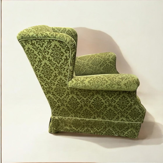 Image 1 of Deense vintage relaxfauteuil / vleugelstoel in de stijl van Ilmari Lappalainen, gemaakt van groen fluweel, ca. 1950