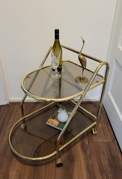 Vintage Hollywood Regency Messing/Rookglas Bar Trolley. 