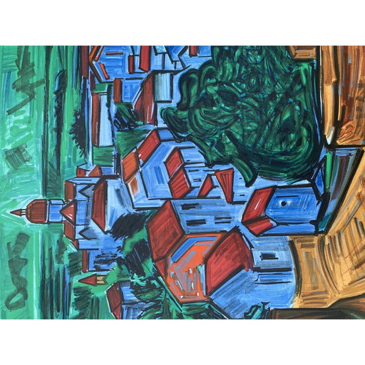 Oude lithografische poster van het dorp door Kischka, 1971