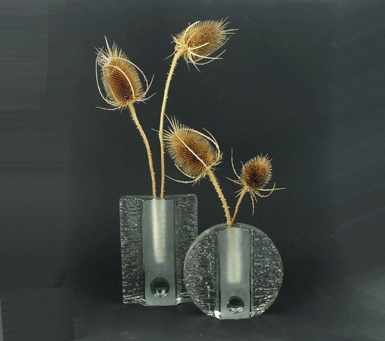 Image 1 of Set van 2 Solifleur Blok Vazen Walther Glas 60S 70S Op Art Arrangement Vazen