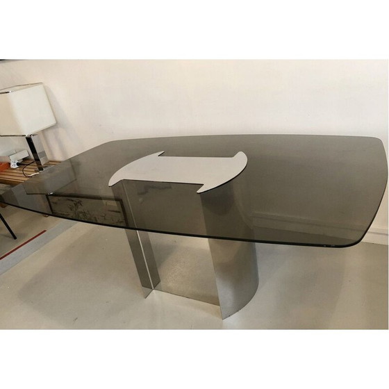 Image 1 of Eettafel van gerookt glas met metalen poot 1970