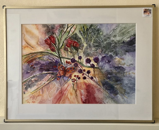 Vlinder aquarel- Margo Ellen. Gesigneerd. Ingelijst.