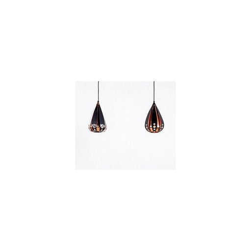 Paar vintage koperen en zwart metalen hanglampen van Werner Schou voor Coronell Elektro, 1960