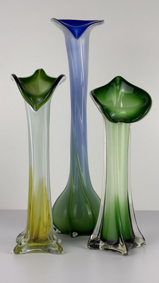 3 X Vintage Murano Jack In The Pulpit Calla Lily Vazen 