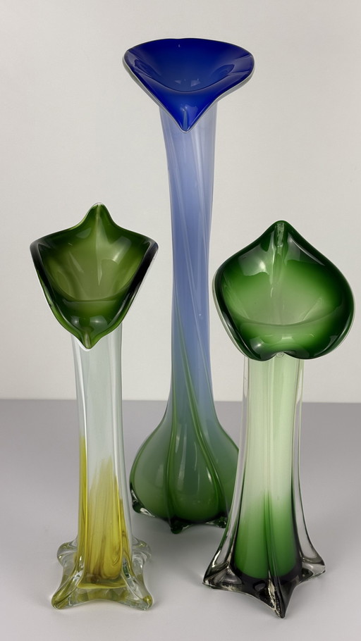 3 X Vintage Murano Jack In The Pulpit Calla Lily Vazen 