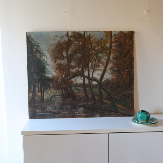 Image 1 of C.Fondanéche-60S Frans olieverfschilderij op doek-herfsttafereel-riviervallei in het bos signatuur C.Fondanéche-60S
