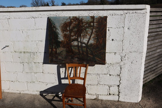 Image 1 of C.Fondanéche-60S Frans olieverfschilderij op doek-herfsttafereel-riviervallei in het bos signatuur C.Fondanéche-60S