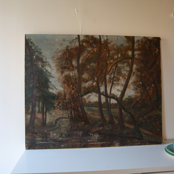 Image 1 of C.Fondanéche-60S Frans olieverfschilderij op doek-herfsttafereel-riviervallei in het bos signatuur C.Fondanéche-60S