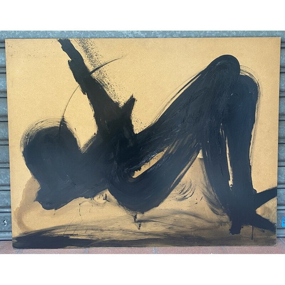 Image 1 of Vintage Senegalees schilderij in olieverf op geel en zwart hout door André Ferrand, 1983