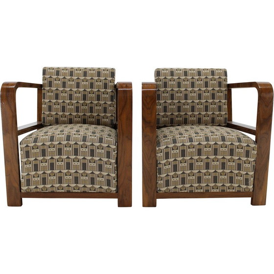 Image 1 of Paar vintage Art Deco fauteuils in walnoot en Backhausen stof, jaren 1930