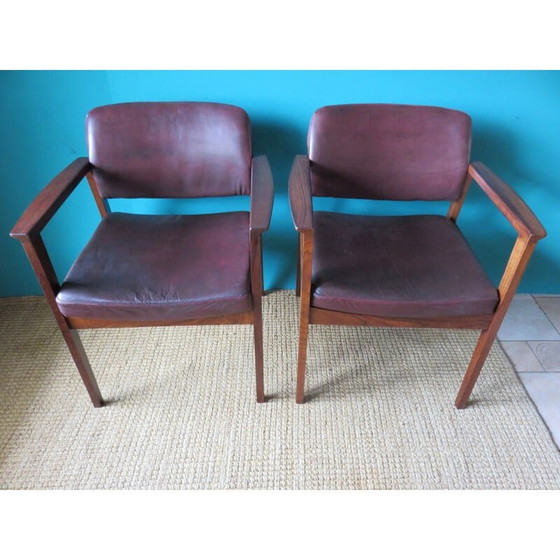 Image 1 of Paar vintage fauteuils in Rio palissander en pruimenleer, Denemarken 1960