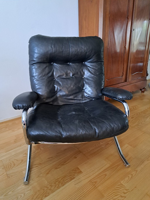 Vintage Zwarte Leren Loungefauteuil