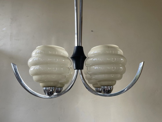 Image 1 of Lamp 4 Arms Art Deco 1930 Glazen Gele Schalen Chroom Fans