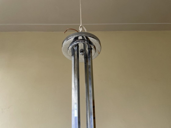 Image 1 of Lamp 4 Arms Art Deco 1930 Glazen Gele Schalen Chroom Fans