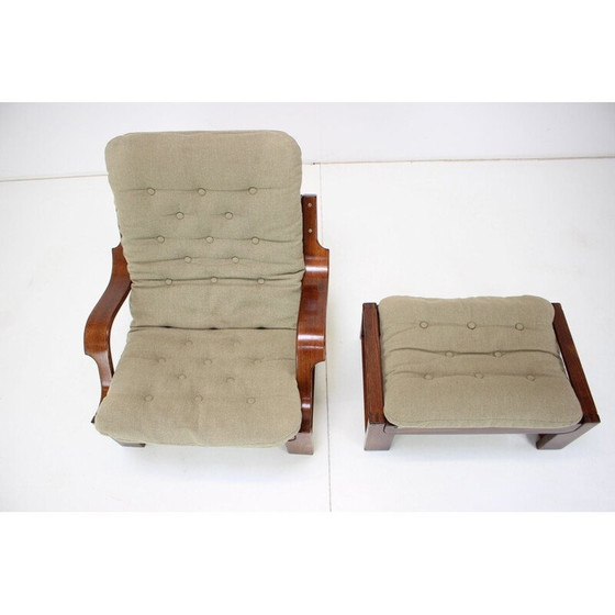 Image 1 of Scandinavische vintage fauteuil en voetenbank in hout en stof, jaren 1960