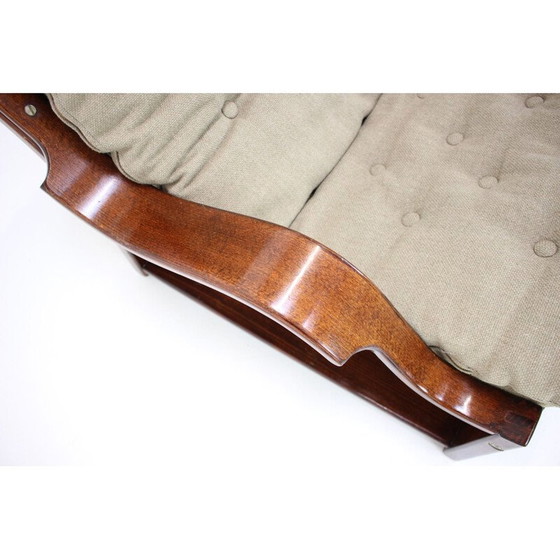 Image 1 of Scandinavische vintage fauteuil en voetenbank in hout en stof, jaren 1960