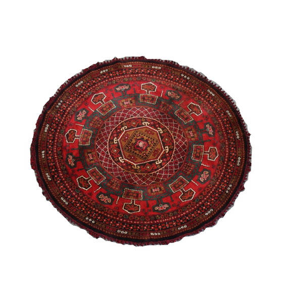 Image 1 of Rond vintage wollen vloerkleed met rood en geelbruine tinten 150x150cm