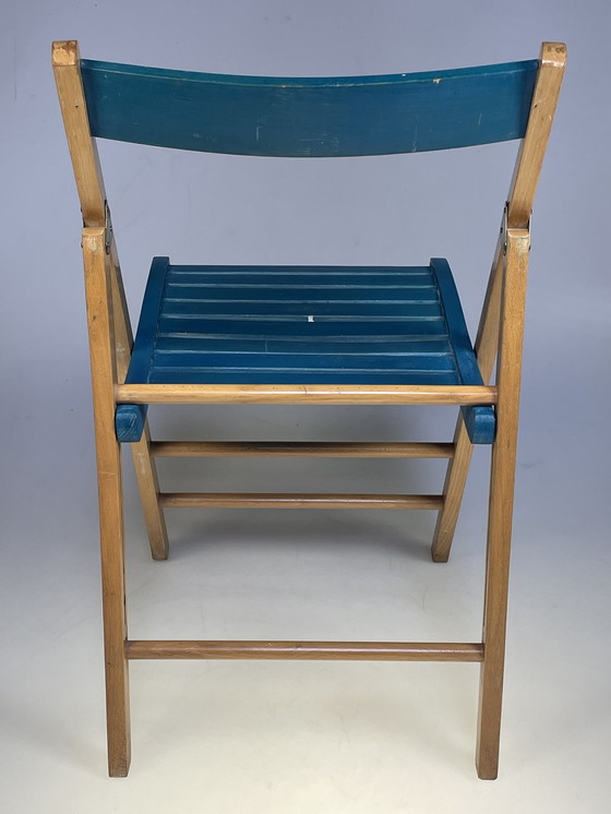 Image 1 of Set Van Twee Vintage Klapstoelen, Groen / Blauwe Zitting. Nederland 1980'S