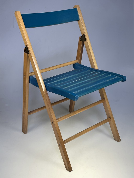 Image 1 of Set Van Twee Vintage Klapstoelen, Groen / Blauwe Zitting. Nederland 1980'S