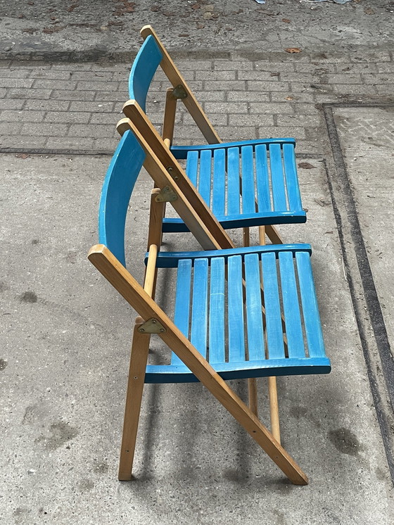 Image 1 of Set Van Twee Vintage Klapstoelen, Groen / Blauwe Zitting. Nederland 1980'S