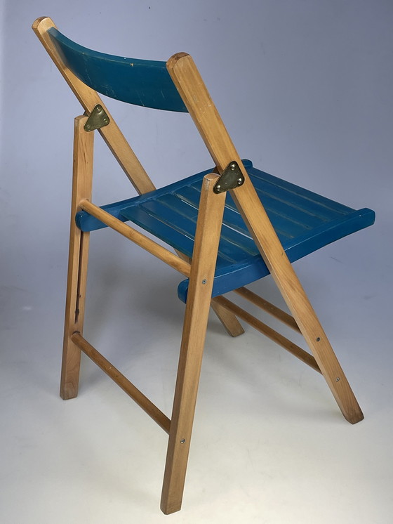 Image 1 of Set Van Twee Vintage Klapstoelen, Groen / Blauwe Zitting. Nederland 1980'S