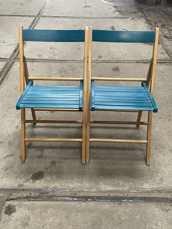 Image 1 of Set Van Twee Vintage Klapstoelen, Groen / Blauwe Zitting. Nederland 1980'S