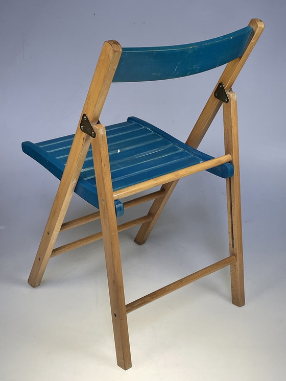 Image 1 of Set Van Twee Vintage Klapstoelen, Groen / Blauwe Zitting. Nederland 1980'S