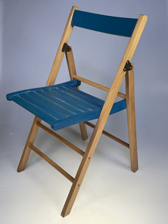 Image 1 of Set Van Twee Vintage Klapstoelen, Groen / Blauwe Zitting. Nederland 1980'S