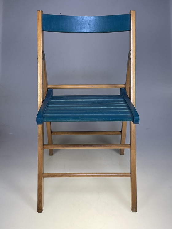 Image 1 of Set Van Twee Vintage Klapstoelen, Groen / Blauwe Zitting. Nederland 1980'S