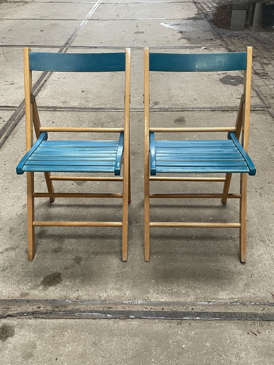 Image 1 of Set Van Twee Vintage Klapstoelen, Groen / Blauwe Zitting. Nederland 1980'S