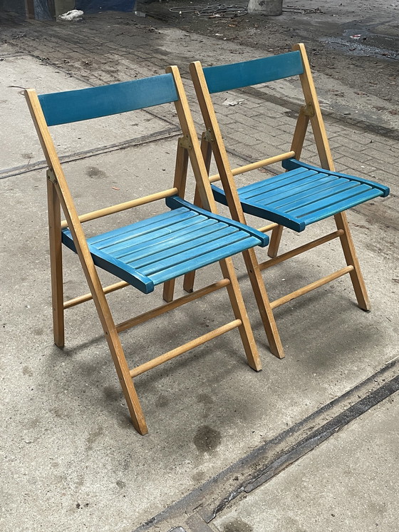 Image 1 of Set Van Twee Vintage Klapstoelen, Groen / Blauwe Zitting. Nederland 1980'S