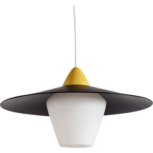Vintage hanglamp van zwart metaal en glas, 1950