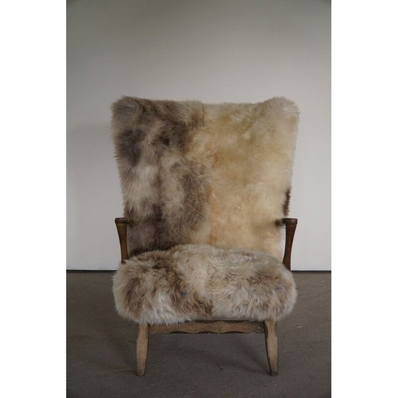Image 1 of Deense vintage fauteuil met hoge rugleuning in eikenhout en lamswol, jaren 1950