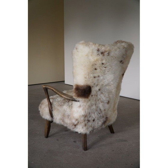 Image 1 of Deense vintage fauteuil met hoge rugleuning in eikenhout en lamswol, jaren 1950