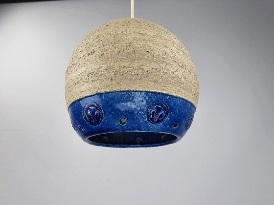 Image 1 of Vintage keramiek hanglamp blauw glazuur Deens